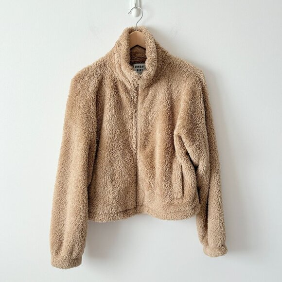 Aritzia Sunday Best Fuzzy Teddy Full Zip Sweater Tan Brown Size Small - Picture 3 of 7